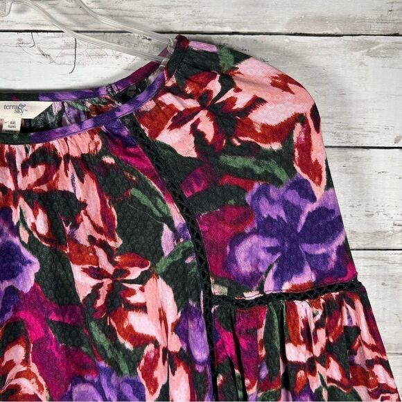 Terra & Sky Garden Floral Peasant Rayon Blouse Balloon Sleeve Top Sz 0X 14W - Picture 3 of 8